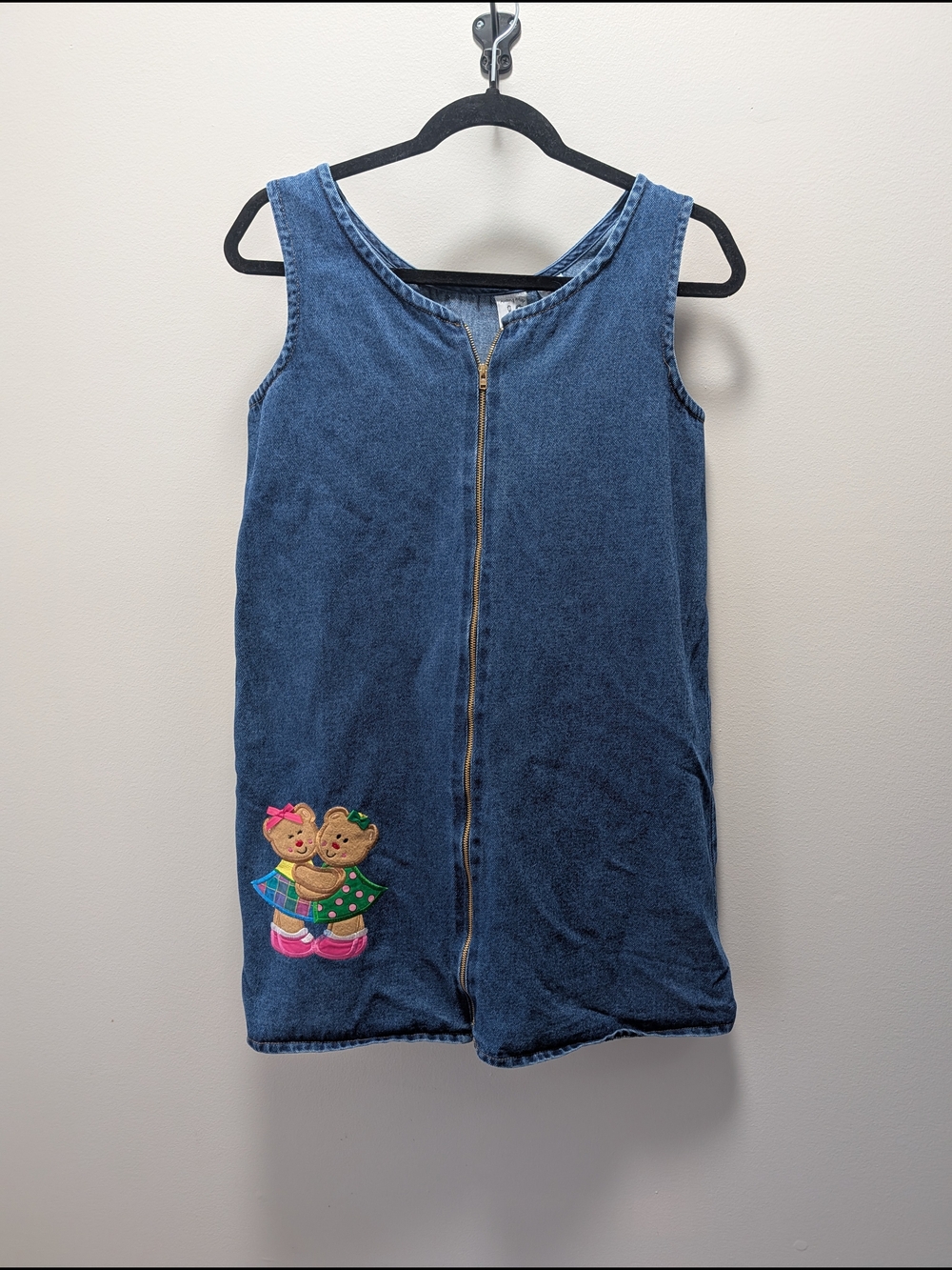 Vtg Denim Zip-Front Dress with Embroidered Bears